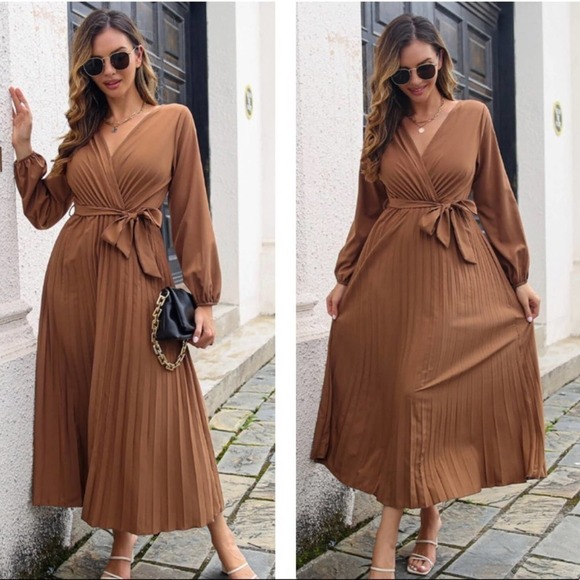 Brown Pleated Long Sleeve Surplice Maxi Dress - Picture 2 of 3